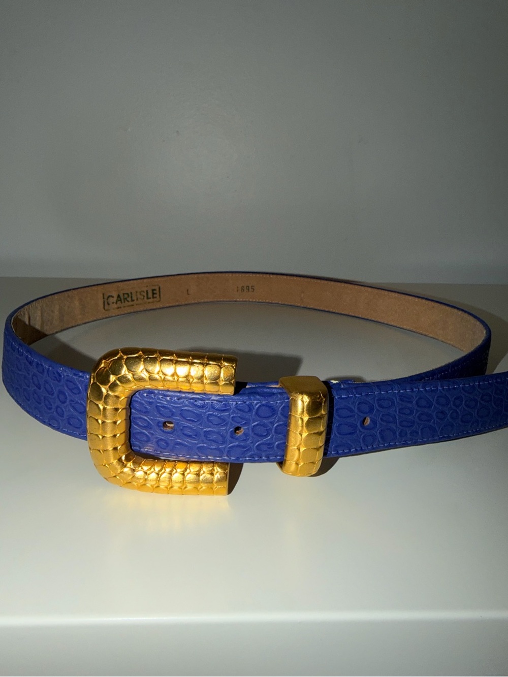 Vtg Carlisle Gold-Tone Metal Buckle With Purple Embossed Leather Belt, Sz Lg